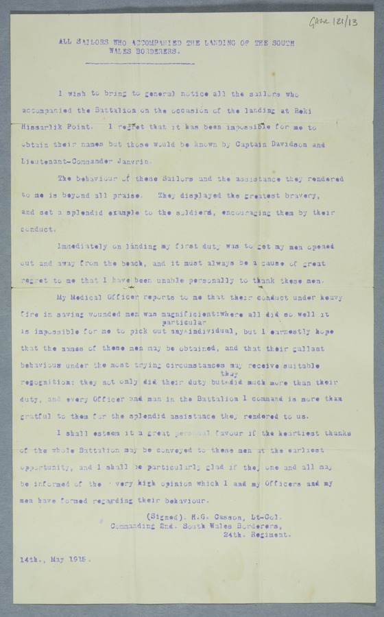 Letter from Lt-Col H.G. Casson. © University of Leeds