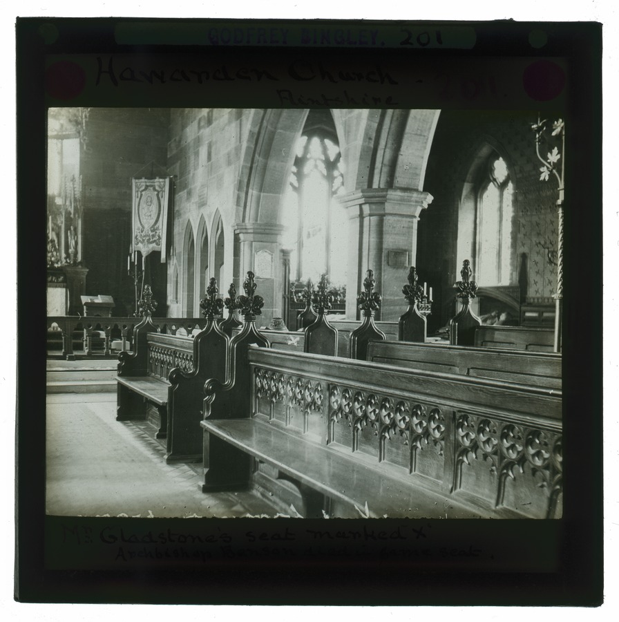 Hawarden Church, Flintshire, Mr Gladstones Seat Marked 'X' Archbishop Benson died in the same seat. Â© University of Leeds